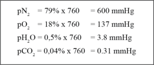 Partial pressure values for nitrogen, oxygen, water and carbon dioxide